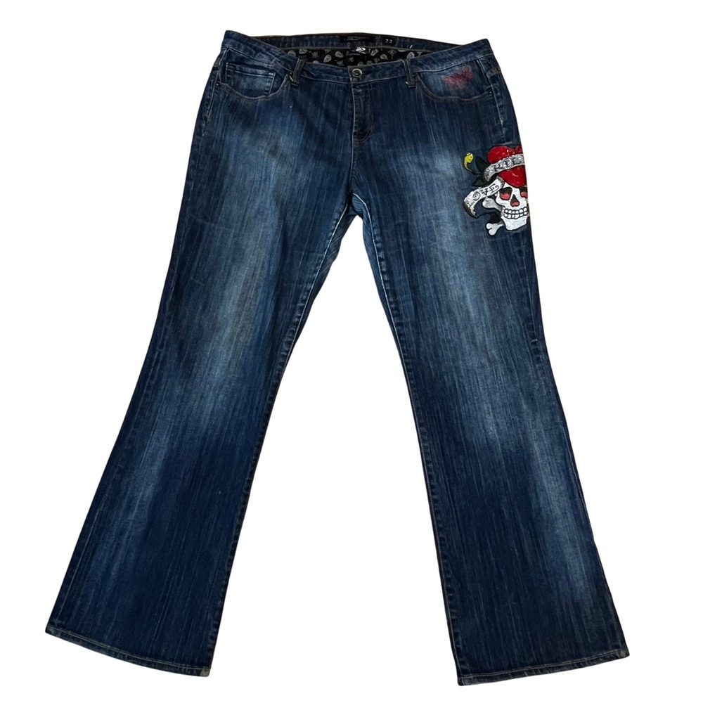 Y2K Ed Hardy Slim Flare NYC Embroidered Skull Denim Jean Women's 22 Vintage